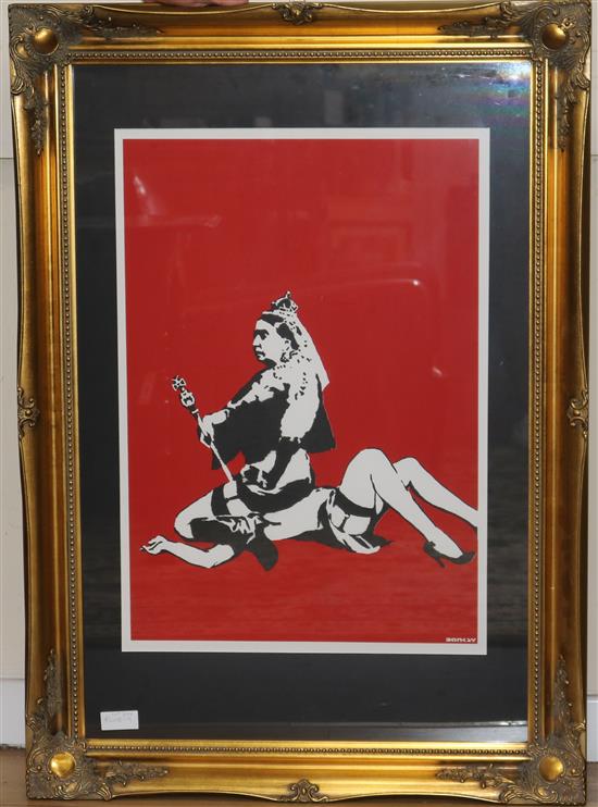 After Banksy, Queen Vic, screen print, unsigned, 26.5 x 19in.